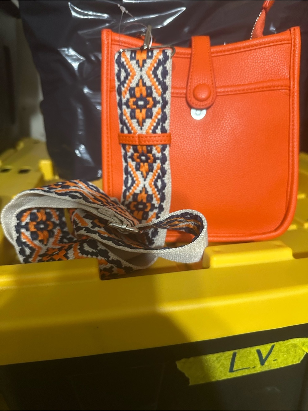 Orange Crossbody Bag with Patterned Guitar Strap